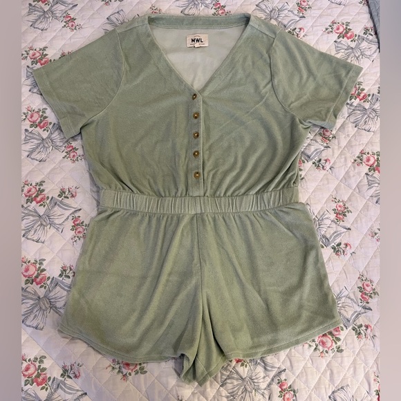 Madewell Retroterry Baseball Romper size Large Green Terry Cloth Button Front - Picture 2 of 9